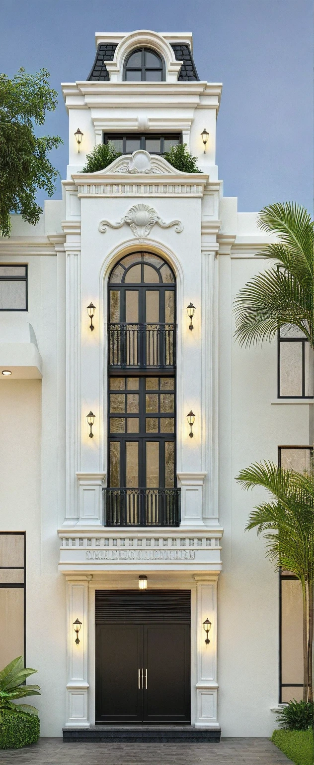 neo classical villa on street, (daylight), tropical tree, vivid colour, streetcapes, white tone, black detail, white wall, large glass door, warm interior lighting, best quality, masterpiece, ultra realistic