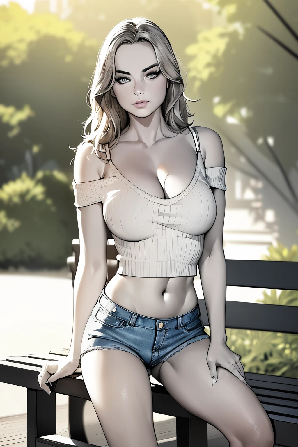 Line draw, black and white,  (1 girl, Margot Robbie), perfect hands and fingers, realistic skin, perfect body shape, huge breasts, cleavage, (stylish hairstyle, extremely detailed hair), delicate sexy face, playful gaze, glossy lips, ((tight denim short shorts, off-shoulder sweater)), sitting crossed legs on bench, in park, 