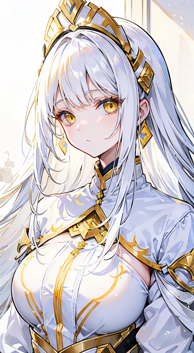 Her long yellowish-white hair covered her face like a helmet.，Make a long face look smaller，Nice white clothes，Matches various shades of yellow，There is delicate makeup，Shining Face，Exquisite，wonderful，Golden Eyes，Feel like a sweet girl