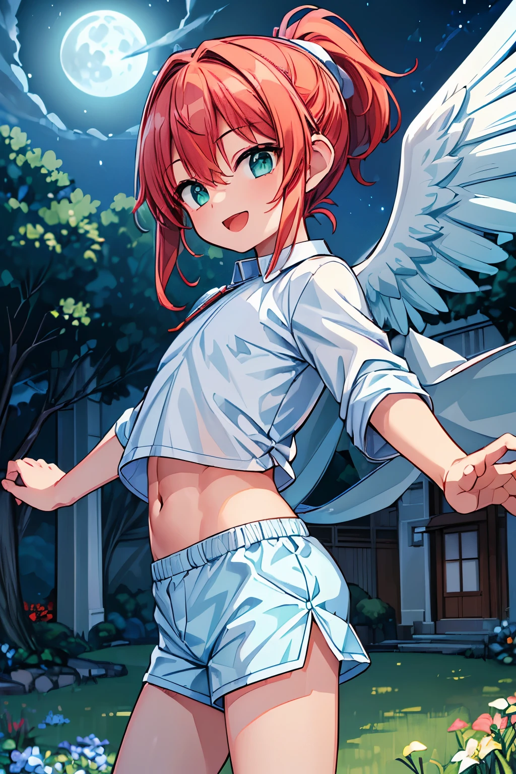 (((1boy))),((flat chest)),(((child,shota))),((((from front)))),((dancing)),(abs,biceps),(((((solo))))),((cowboy shot)),(open mouth),(((happy,light smile))),(white wings),holy angel,(light red hair),(((ponytail))),(((green eyes))),light blue polo,white cape,((((blue shorts)))),white boots with red jewels,in Japanese garden of castle,(((moonlight))),(((best quality,masterpiece,highres,high quality,8k,higher,extremely detailed CG unity 8k wallpaper))),(((outdoor,field))),((((night))))