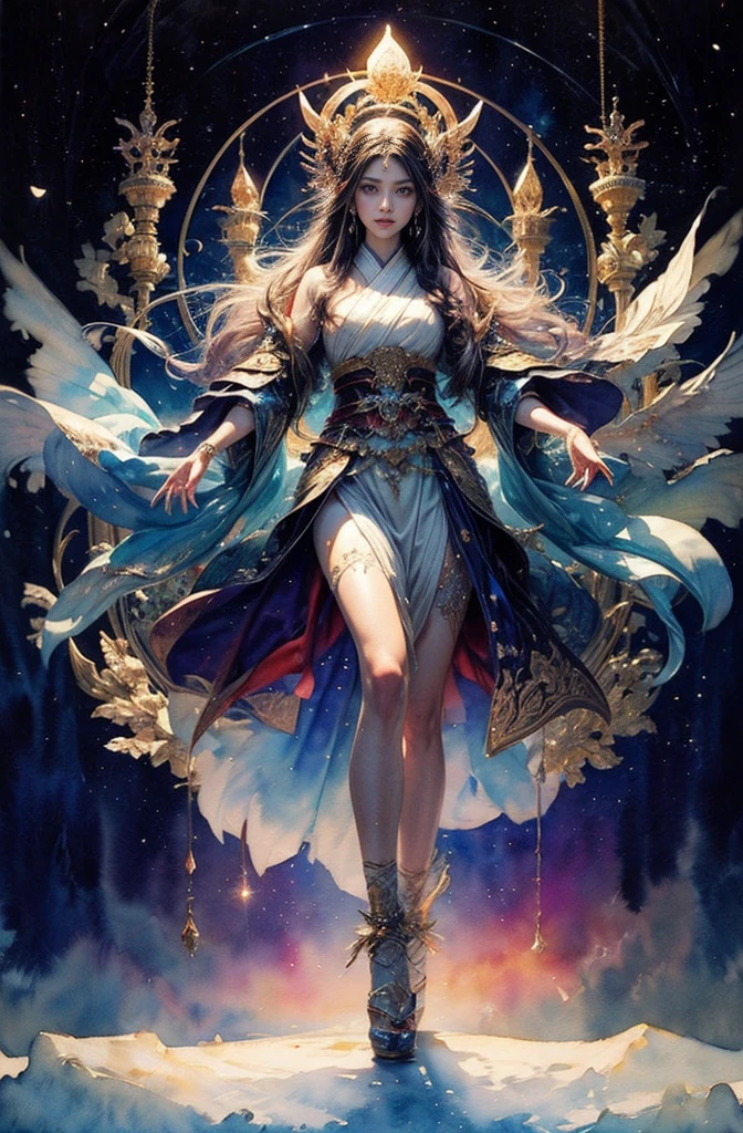 Best quality, best image quality, concept art, beautiful girl, pistol, full body, being a little far away, wilderness, night, starry sky, alphonse mucha, dream, rainbow, hope, dynamic composition, looking far away