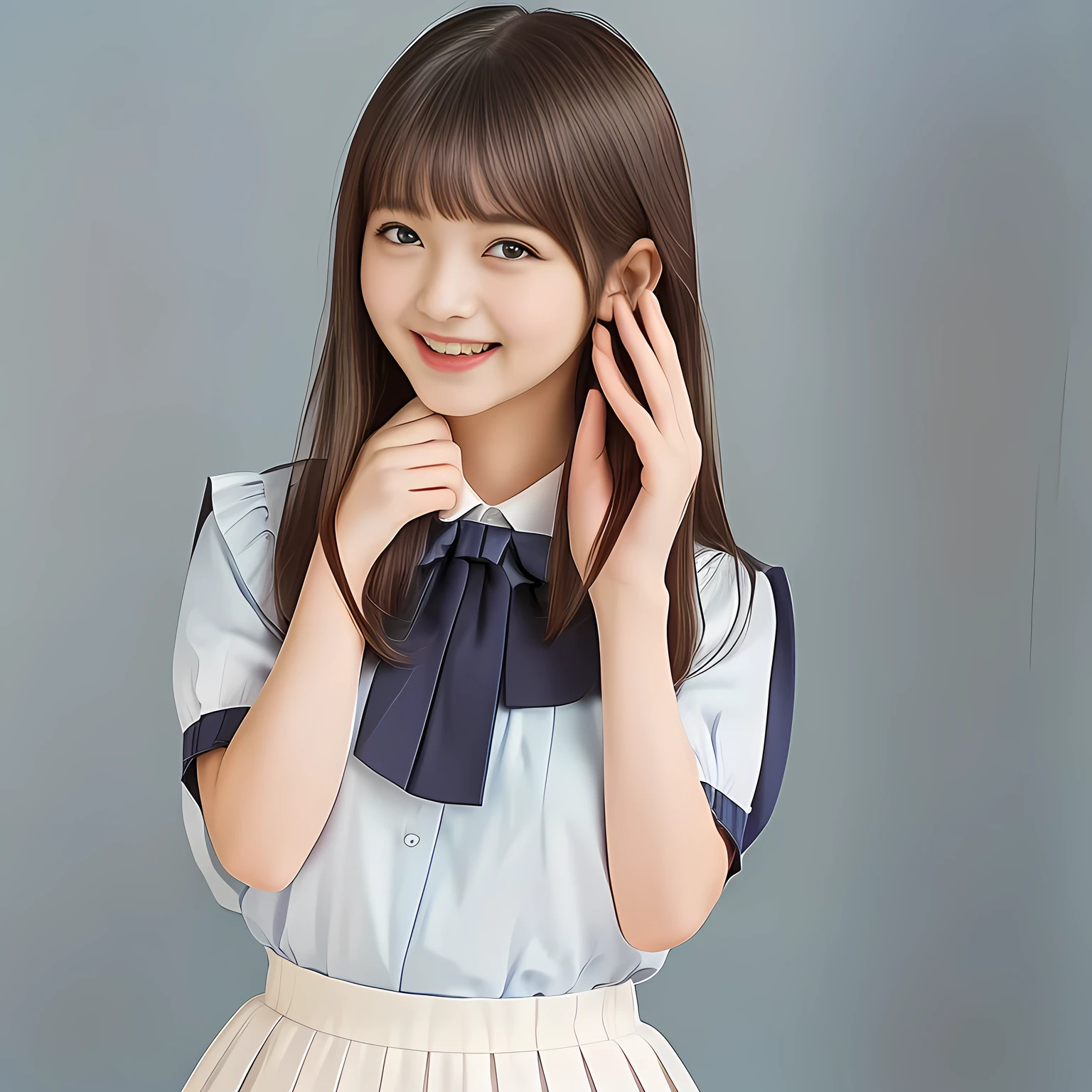 (Highest quality, masterpiece:1.2), Highest quality, High resolution, 1080P, 8k, height: 158cm, (School-uniform beautiful **** girl models are smiling nobly in a young girls fashion magazine's page, promoting school uniform designed by Japanese school-wear maker: 1.8), (Well-grown rich breast and nice style: 1.8), (well arranged, balanced, untied, neat glossy wavy wavy super-long hair like hair model), (Double-deep-eyelids, completely balanced, brown large large dreaming Japanese graceful popular model's cute open eyes, with detailed beautifully: 1.8), (Very-glossy lustrous lips: 1.8), (very high nose: 1.4), (Rich and long bottom-eye-slashes: 1.2), (Drives me crazy for her navy-colored neat tartan plaid blue skirts and make me fall into her navy-colored plaid-print pleats skirt: 1.4), (Fine white-face: 1.6), (Noble girly feminine frilled frilled clean frilled white girly puffed-sleeves blouse: 1.6), (Navy pleated plaid skirt: 1.5), (Plain big frilled ribbon on the breast), (Girl whom everyone loves because of her beauty and neat school fashion and noble manner and magic-charm of succubus: 1.3), (full body shot), (evenly cut curled glossy rich beautiful bangs: 1.6), (bright light hitting her white-face and skirt clearly beautifully), white-shining skin, (She is pushing her hair back with her both hands: 1.3), (All viewers will be captivated by her because her smile is too much cute), (Nothing but complete plain light blue background: 1.4)