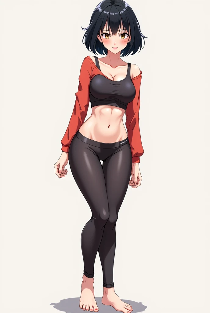 A anime illustration of a woman wearing leggings backwards, bare feet, crop top, short black bob hair, round ass