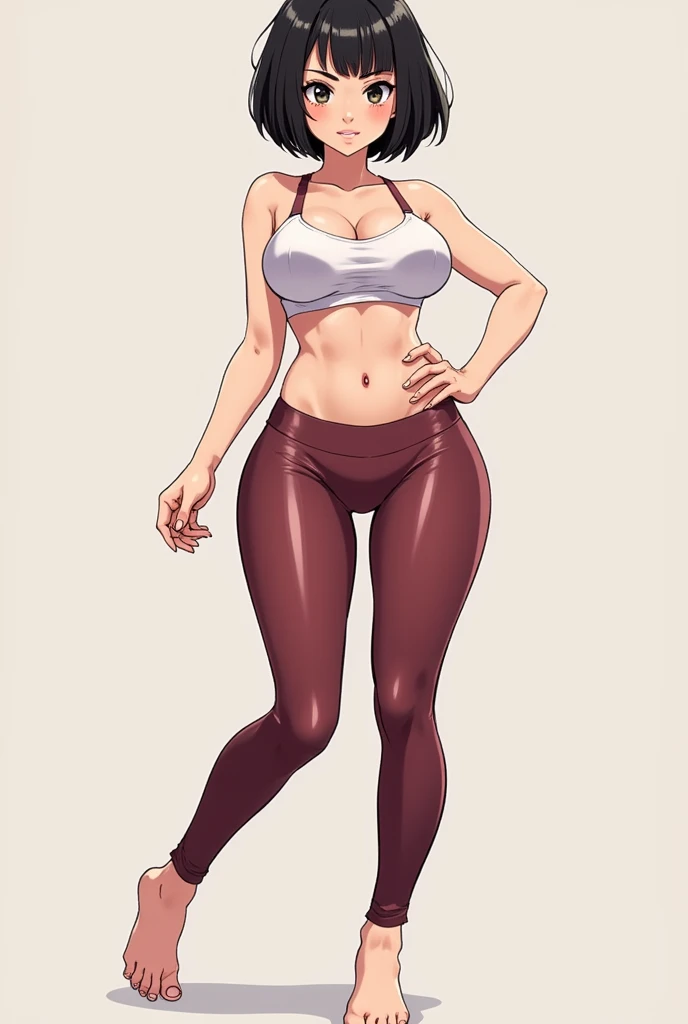 A anime illustration of a woman wearing leggings backwards, bare feet, crop top, short black bob hair, round ass