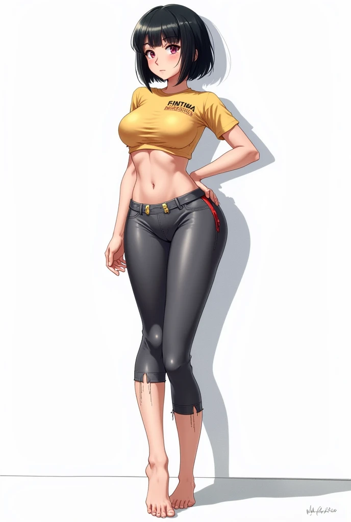 A anime illustration of a woman wearing leggings backwards, bare feet, crop top, short black bob hair, round ass