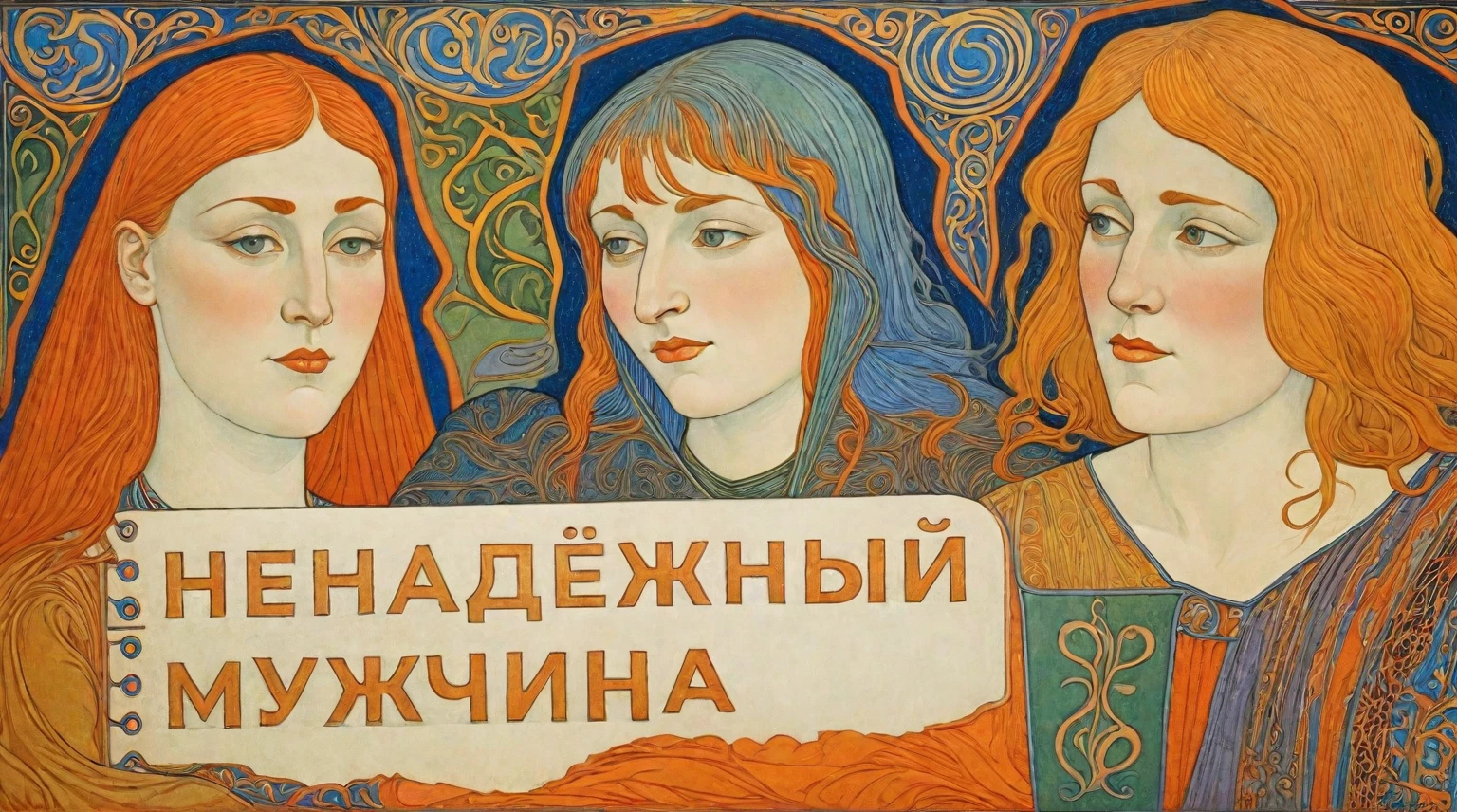 three women, there is a two-line inscription at the bottom, drawn in the style of Ivan Bilibin, 