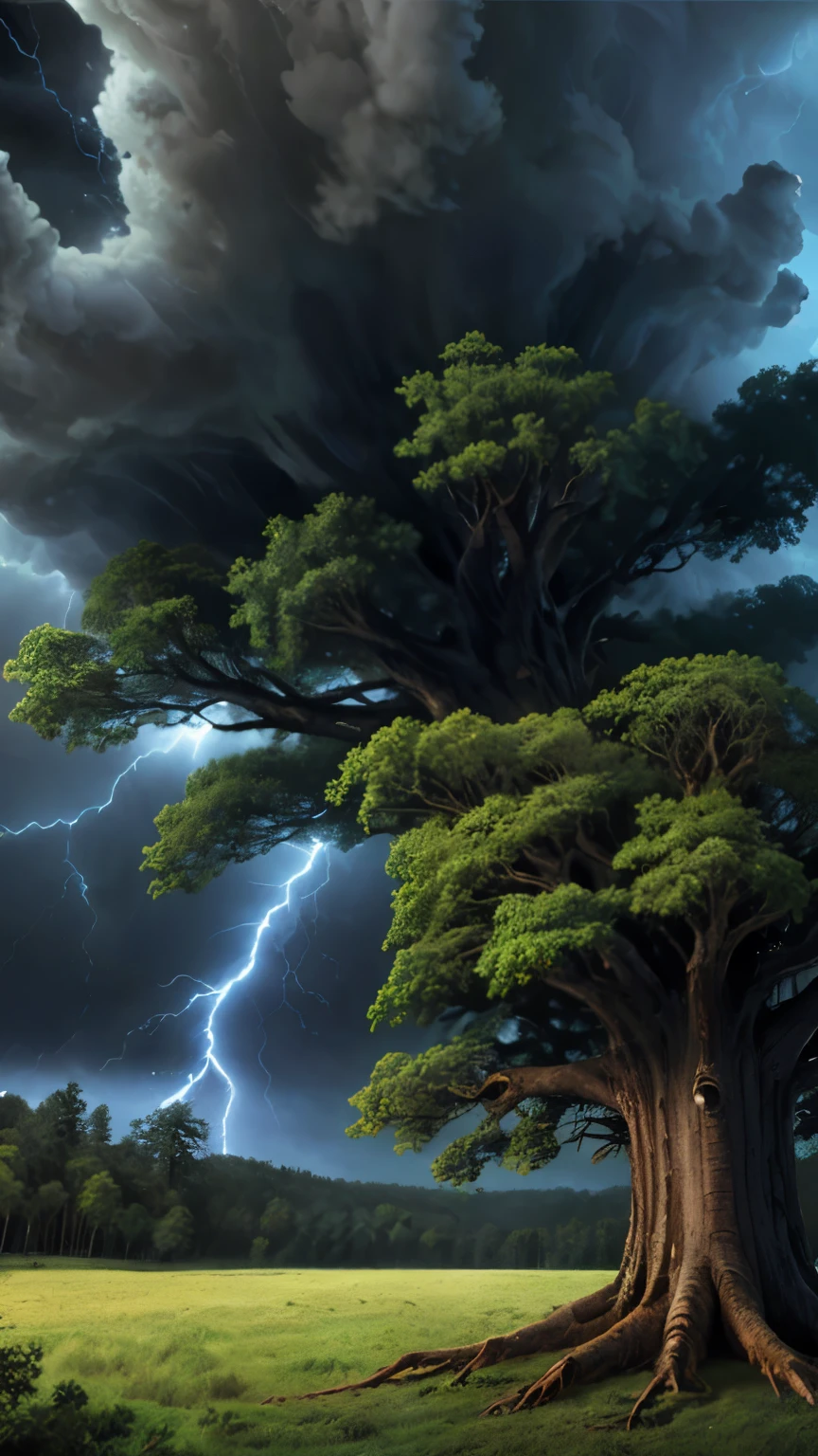 Big old tree, storm theme, forest background, 