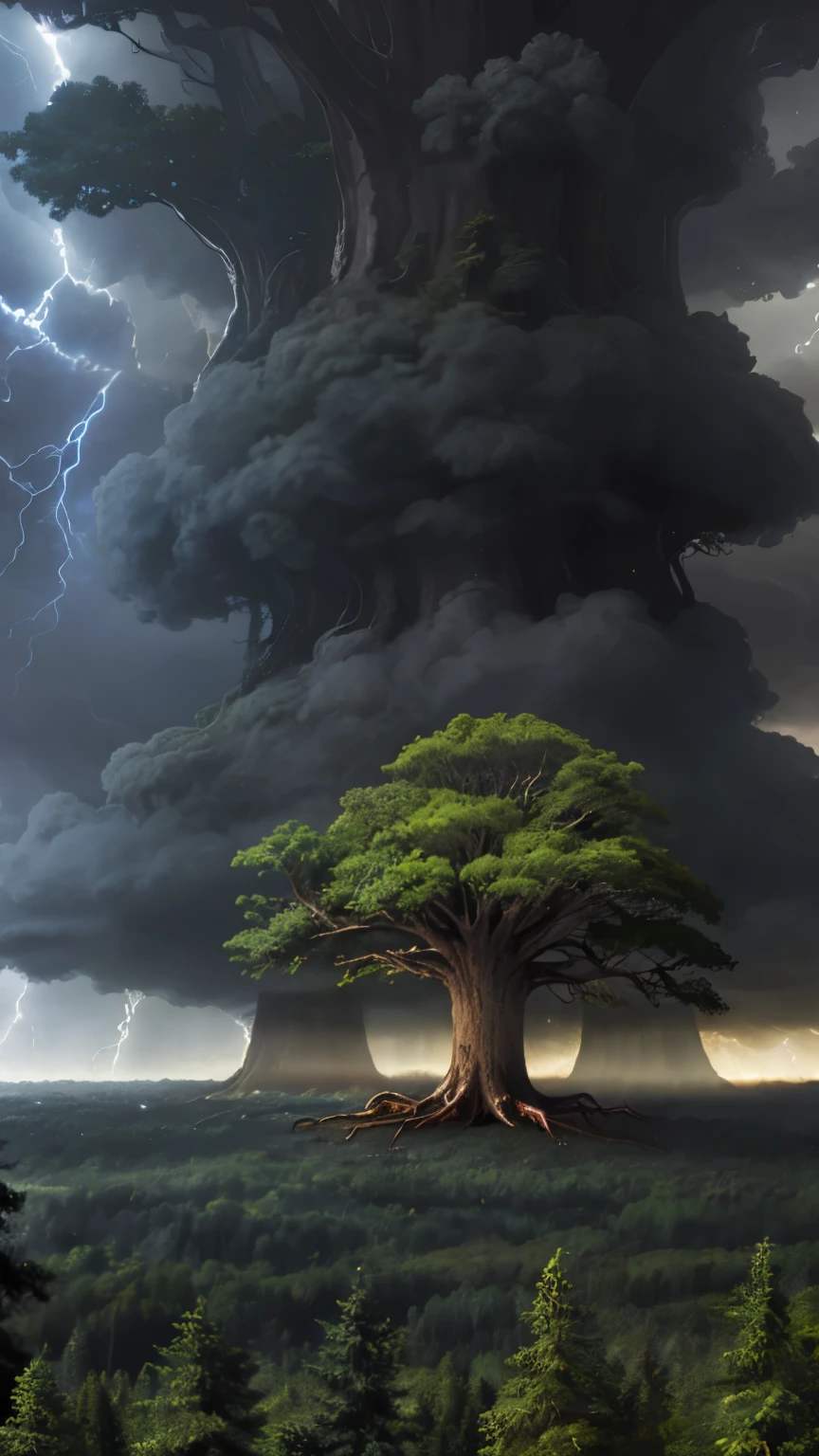 Big old tree, storm theme, forest background, 