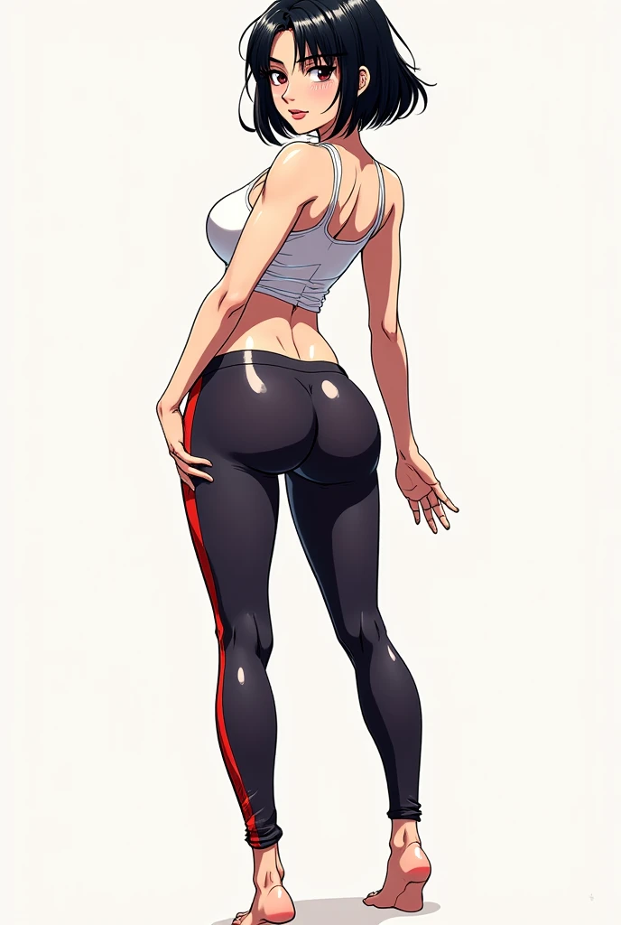 A anime illustration of a woman wearing leggings backwards, bare feet, crop top, short black bob hair, round ass