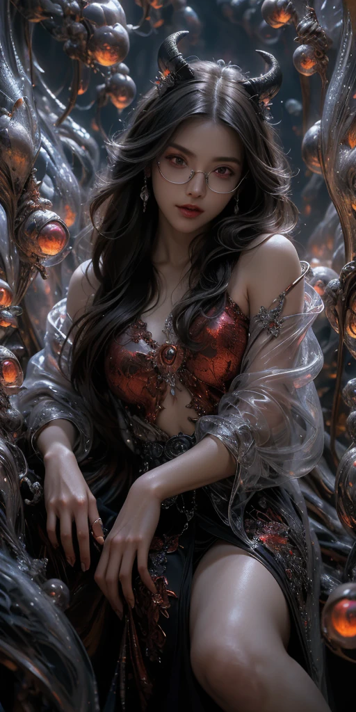 (The best illustrations)、realisitic、ultra-detailliert、The best lighting、Best Shadows、alluring succubus, ethereal beauty, perched on a cloud, (fantasy illustration:1.3), enchanting gaze, captivating pose, delicate wings, otherworldly charm, mystical sky, (Luis Royo:1.2), (Yoshitaka Amano:1.1), Dungeon and Dragon、caves、Dungeon、 A Necromancer、natta、Dark style、Succubus、Devil's Daughter、Bat Wings，(((Demon Hornlack-rimmed round glasses))))、(red eyes glowing:1.6)、​beautiful countenance、Tindall Effect、(High Detail Skins:1.2) absurderes、Ponytail distortion、jewely、Beautiful expression、Toned waist、Wide buttocks、Tindall Effectmasuter piece、top-quality、Highest Standards、Top image quality、masutepiece、intricate detailes、High resolution、Depth Field、natural soft light、profetional lighting、Great smile、(High Detail Skin: 1.2)、photorealistic anime girl render、Strong highlights of the eyes、Perfect Anatomy、crotch open、Shy、Spreading your legs、Panties are visible、Skirt flipping、Body shiny with oilerectile nipple))、8K resolution、intricate clothing、Intricate details