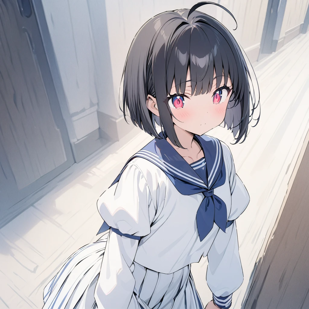 girl、Bobcut、Black Hair、Ahoge、Red Eye、Tree Eyes、Three white eyes、Sailor suit、bright,白いSailor suit,Navy blue collar,Long sleeve,Puff sleeves,Navy blue cuffs,white line,The skirt is white,Navy blue line on hem,Thick and thin lines,、Old fashioned hallway background、Front、masterpiece、Please redeem、Detailed explanation、Cute Anime、Illustration、High resolution, Attention to detail, 超High resolution, Very detailed,