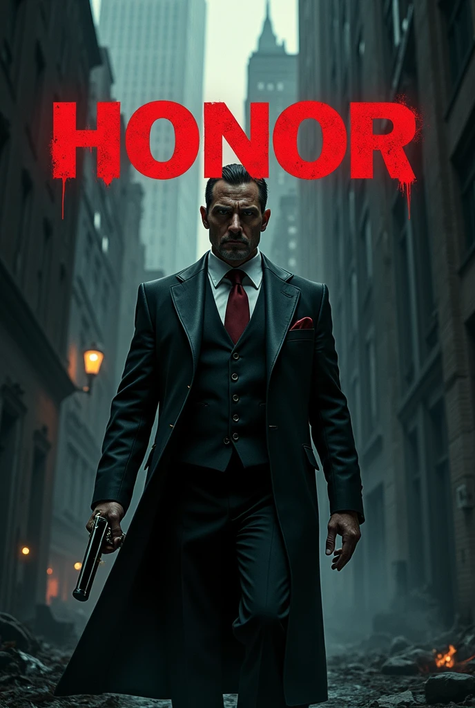 Mafia Boss, with a car exploding in the background, Poster for a mafia film, titled “Honor” in large white letters,