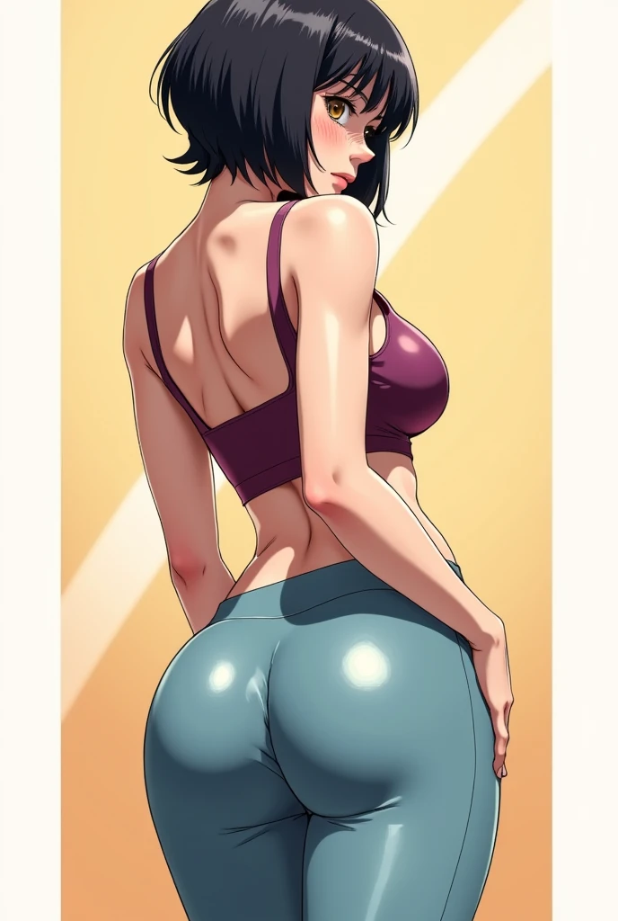 A anime illustration of a woman wearing leggings backwards, bare feet, crop top, short black bob hair, round ass