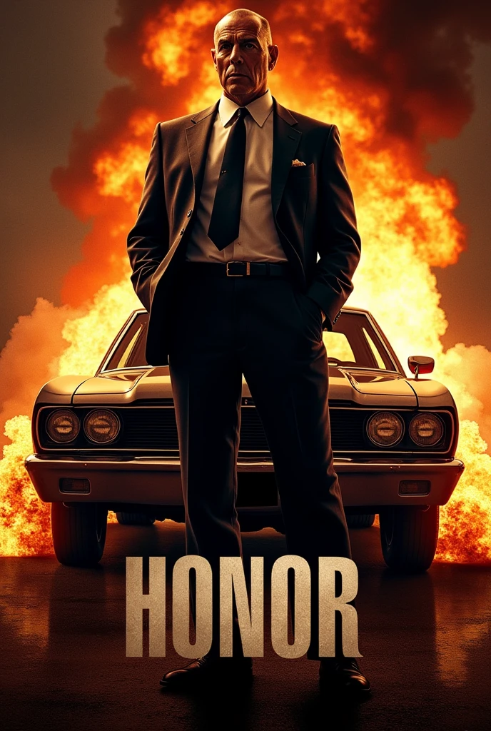 Mafia Boss, with a car exploding in the background, Poster for a mafia film, titled “Honor” in large white letters,