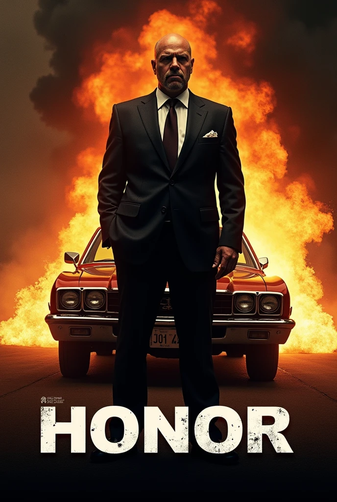 Mafia Boss, with a car exploding in the background, Poster for a mafia film, titled “Honor” in large white letters,