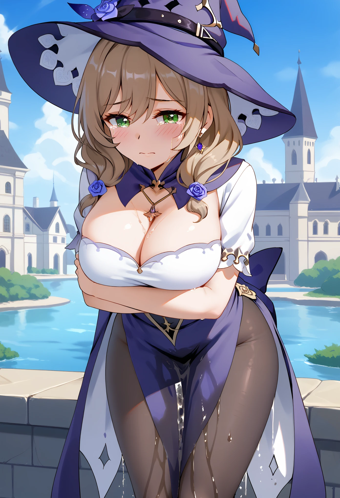 (\li sha\), 1girl, huge breasts, lisa \(genshin impact\), A detailed portrait of a young woman with beautiful green eyes, brown hair, and bangs, wearing a witch hat, dress, pantyhose, and purple headwear with earrings, (1girl, detailed eyes, extremely detailed face), beautiful detailed eyes, extremely detailed eyes and face, long eyelashes, brown hair, green eyes, witch hat, purple headwear, earrings, long hair, bangs, hair ornament, (wetting self:2.0), humiliation, blushing, angry, tears, standing, facing viewer, leaning forward, bent over, (arms crossed:1.5), outdoors, castle, town, (best quality, 4k, 8k, highres, masterpiece:1.2), ultra-detailed, HDR, UHD, studio lighting, ultra-fine painting, sharp focus, physically-based rendering, extreme detail description, professional, vivid colors, bokeh, portrait