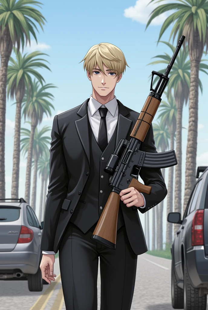 weapon,1boy,gun,male focus,necktie,formal,assault rifle,holding weapon,suit,solo,holding,tree,holding gun,palm tree,rifle,shirt,outdoors,black necktie,black pants,motor vehicle,pants,ground vehicle,short hair,car,jacket,white shirt,tattoo,looking at viewer,sky,black jacket,black suit,collared shirt,GTFG,