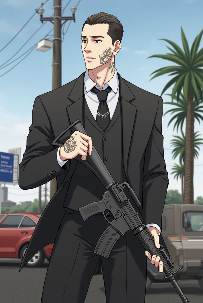 weapon,1boy,gun,male focus,necktie,formal,assault rifle,holding weapon,suit,solo,holding,tree,holding gun,palm tree,rifle,shirt,outdoors,black necktie,black pants,motor vehicle,pants,ground vehicle,short hair,car,jacket,white shirt,tattoo,looking at viewer,sky,black jacket,black suit,collared shirt,GTFG,