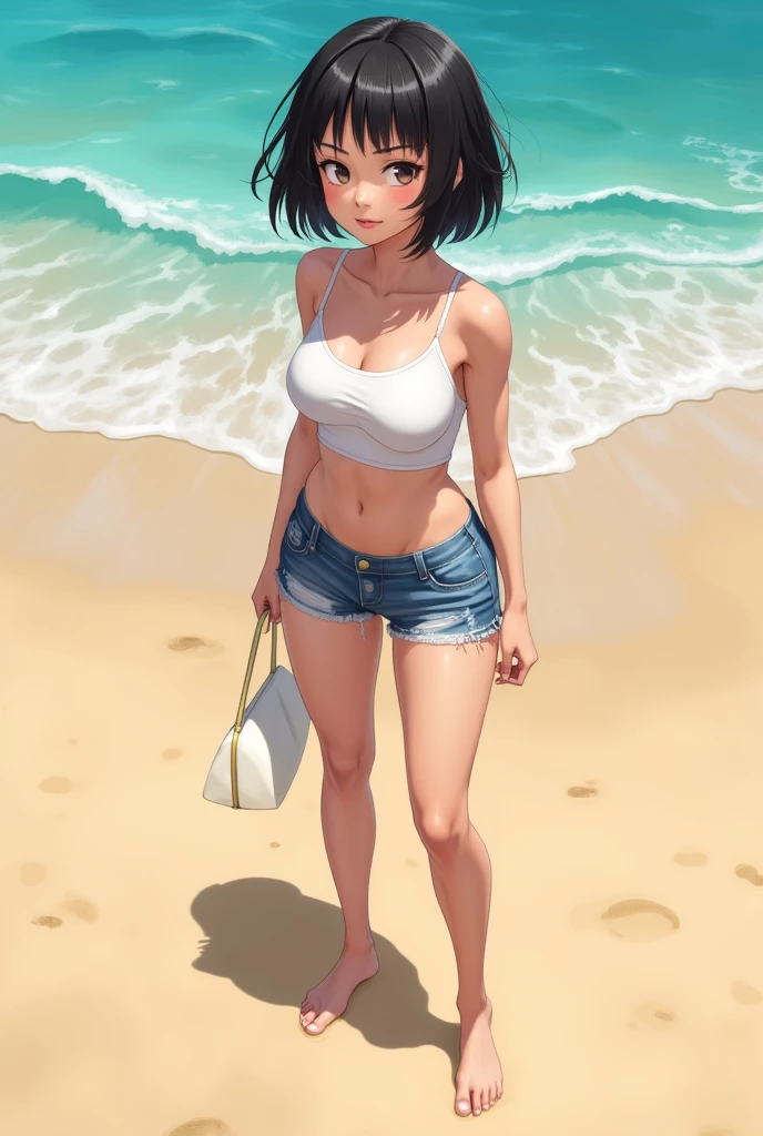 A anime illustration of a woman wearing denim shorts, backwards, bare feet, crop top, short black bob hair, round ass, in the beach