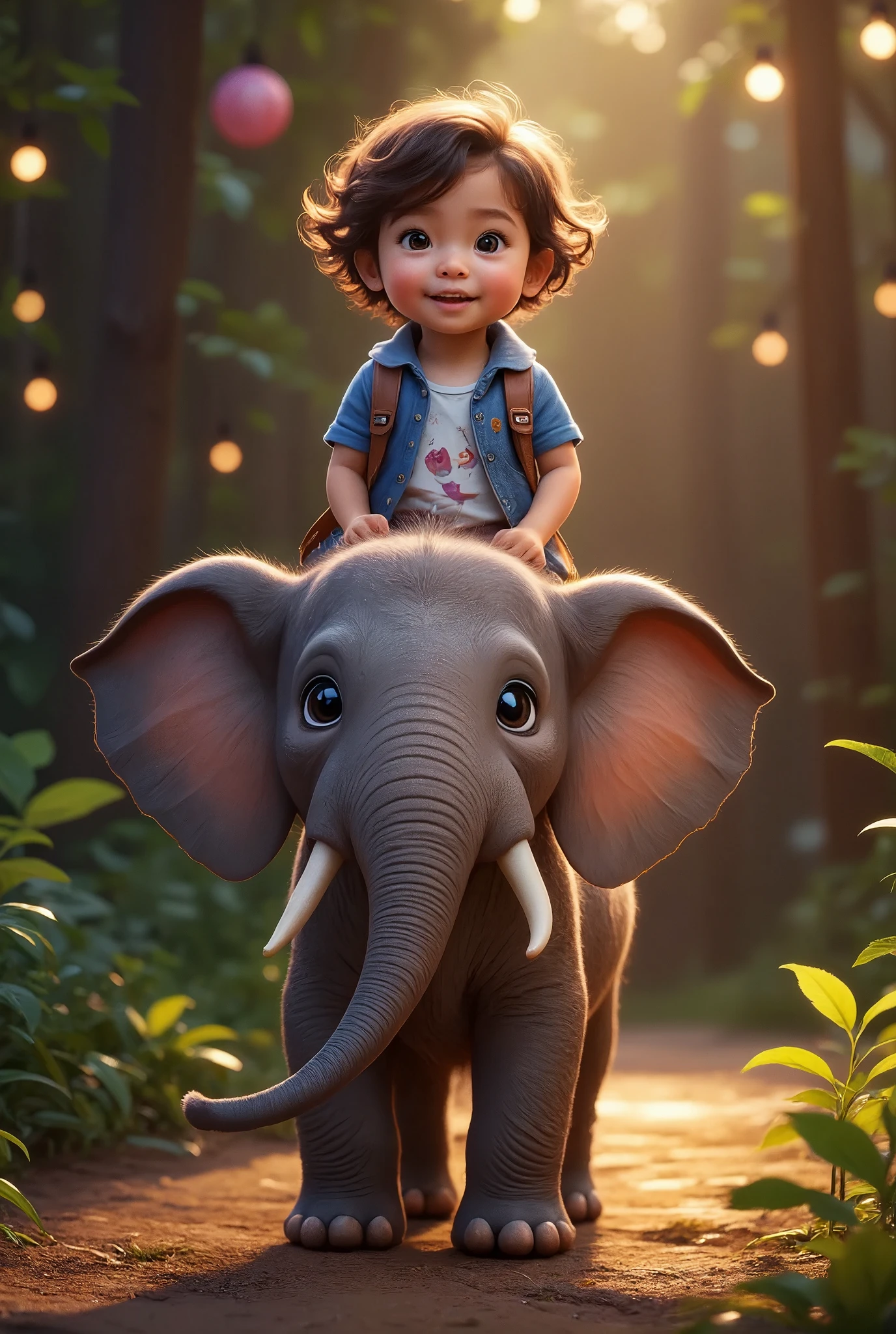 The boy and the elephant continue their adventure through the forest. As the elephant splashes water and moves gracefully, the boy giggles from his high seat, feeling the wind and sunlight. The forest is alive with the friendship between the boy and the elephant, as they play in harmony with nature, Disney Pixar Style