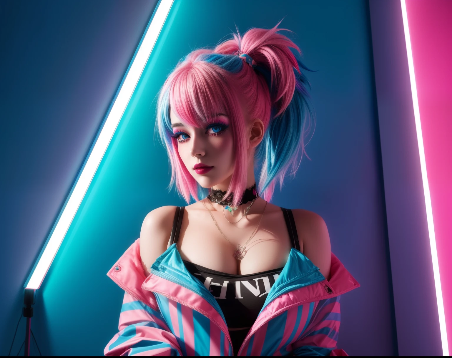 egirl as harlequin, pinkand blue hair wearing a choker bedroom in the background, synthwave color palette, trending on ArtStation, trending on CGSociety, Intricate, High Detail, Sharp focus, dramatic, full body shot, trending on tiktok