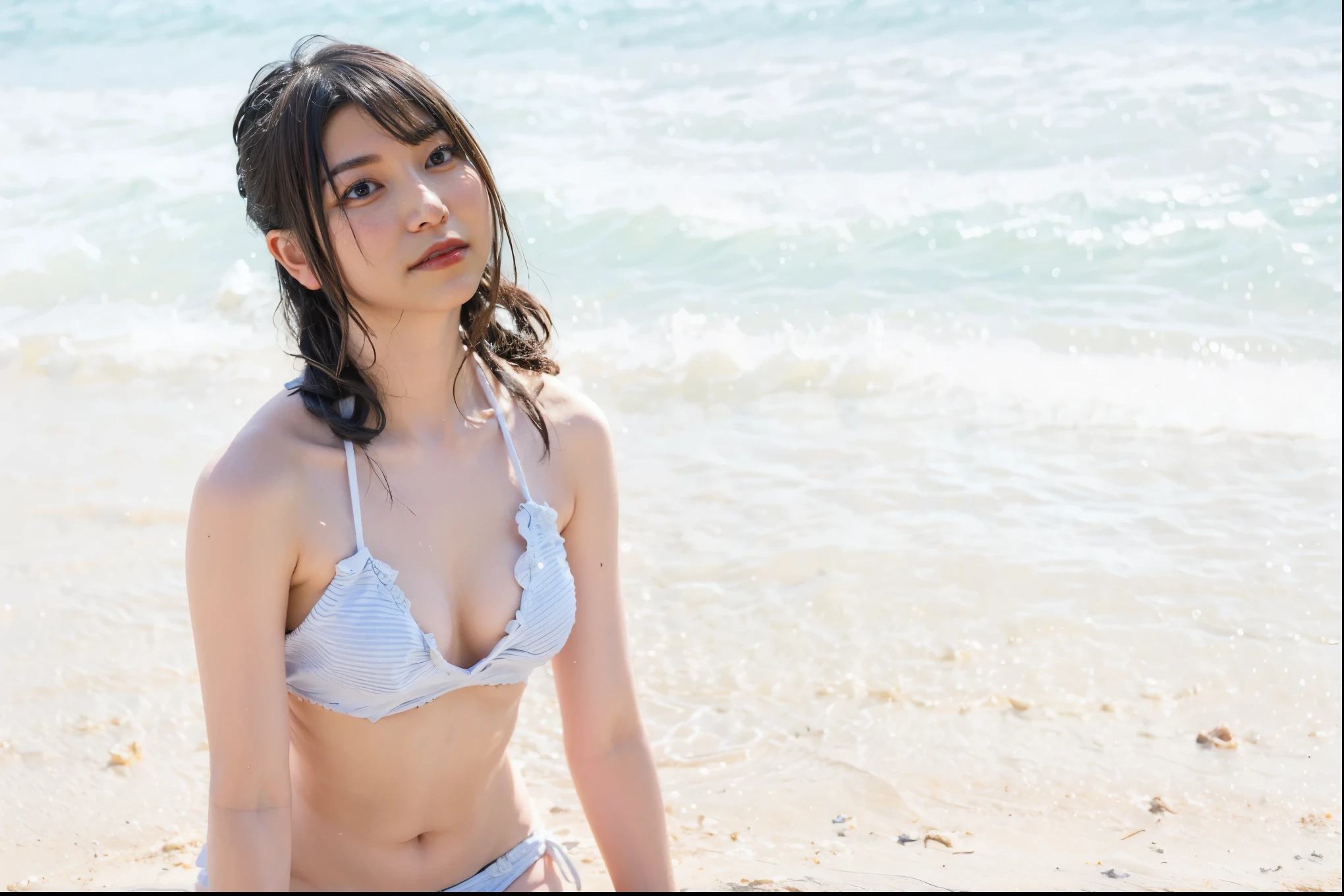 table top, highest quality, figure, Super detailed, finely, High resolution, 8k wallpaper, 完璧なダイナミックな構figure, detailed and beautiful eyes, she is a bikini model, natural lip color, string bikini , small breasts, shortcut、 full body、sandy beach、Sunset sea in the background、clear white skin、super realistic photos、beach、Water on the body、Black frilly swimsuit、Immerse yourself in the sea while trying to splash water on yourself、Click, click, click、beautiful clavicle、trained abdominal muscles、
