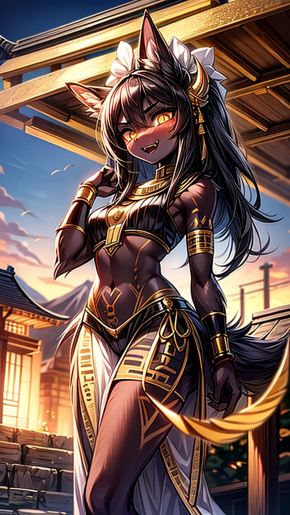 best quality masterpiece, the best definition to add aesthetic and lighting detalles Black girl jackal, egyptian clothing, teen girl, ,black body, ( the best definition in the body, good attributes, stylized body, slanted eyes, sensual look) egypt landscape, golden tattoo body, sensual eyes, yellow pupil, He has 2 kunai in his hands., battle pose, background fire add_detalle Ferocious fangs, sharp fangs, wild sharp claws, angried, hitting with his fist and destroying a pyramid add_detail female godness, killing a human who is kneeling in front of her with a dagger, human kneeling venerating her