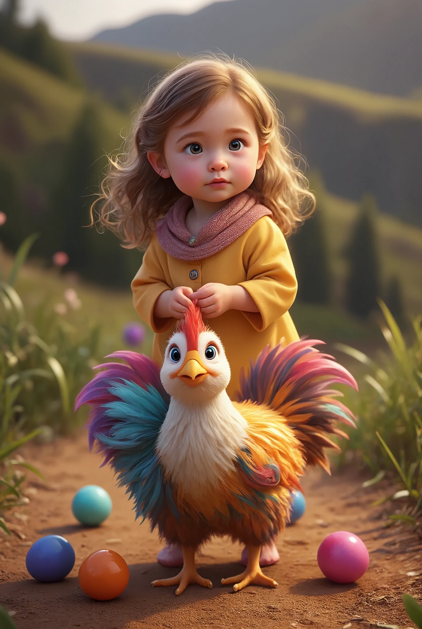 Kids playing with chicken, the chicken fur is colorful, eggs, disney pixar style