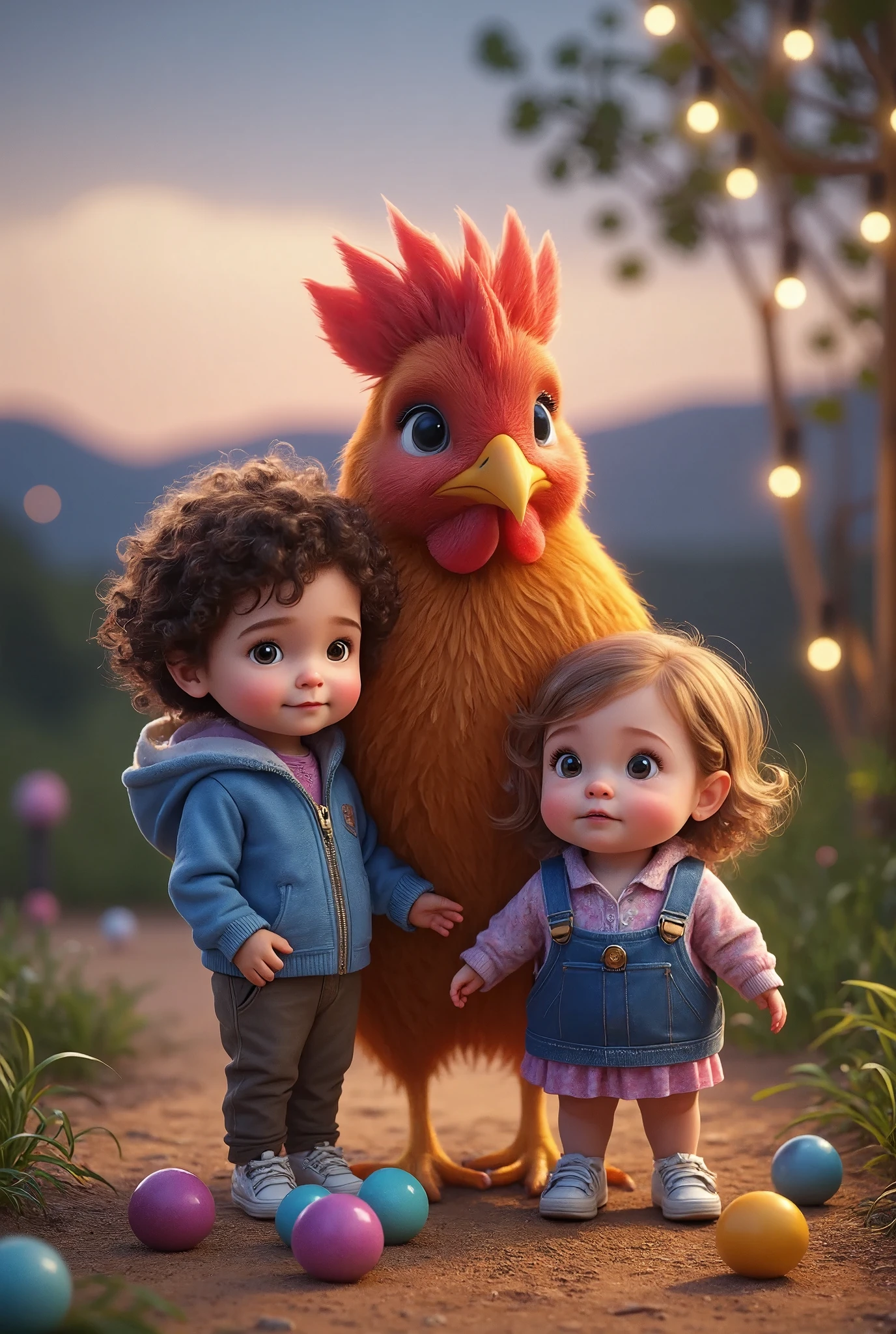 Kids playing with chicken, the chicken fur is colorful, eggs, disney pixar style