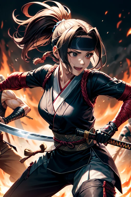 One Girl, warrior,Japanese sword,anime,Anatomically correct, A series of character actions, Ninja,ponytail, masterpiece, Textured Skin, Action Painting, Surrounded by enemies,battle,Flaming Sword,Headband,A happy look