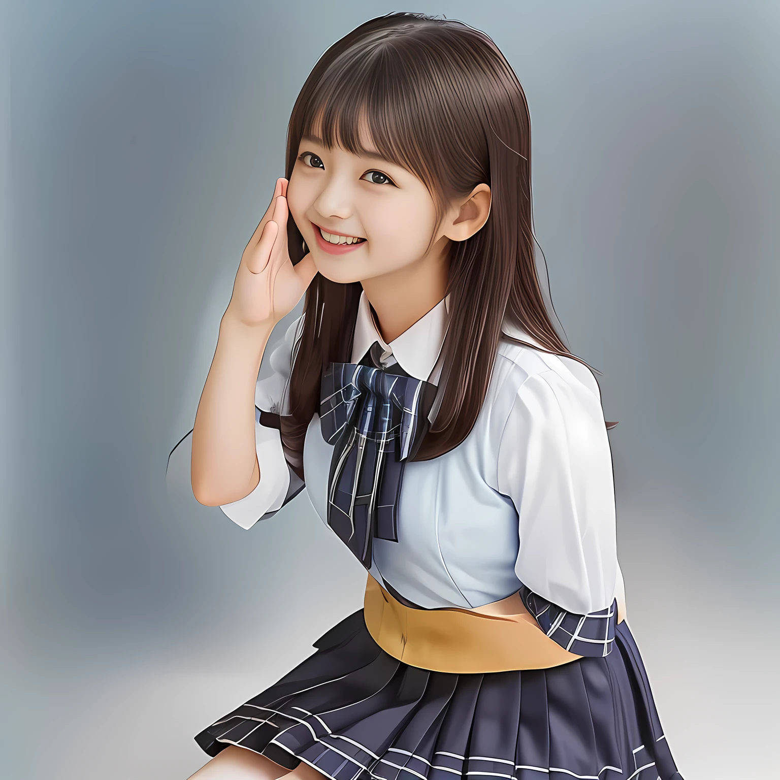 (Highest quality, masterpiece:1.2), Highest quality, High resolution, 1080P, 8k, height: 158cm, (A beautiful girls in a school uniform is sitting and praying, take the shot from their side: 2.0), (School-uniform beautiful yo girl models are smiling nobly in a young girls fashion magazine's page, promoting school uniform designed by Japanese school-wear maker: 1.8), (Well-grown rich breast and nice style: 1.8), (well arranged, balanced, untied, neat glossy wavy wavy super-long hair like hair model), (Double-deep-eyelids, completely balanced, brown large large dreaming Japanese graceful popular model's cute open eyes, with detailed beautifully: 1.8), (Very-glossy lustrous lips: 1.8), (very high nose: 1.4), (Rich and long bottom-eye-slashes: 1.2), (Drives me crazy for her navy-colored neat tartan plaid blue skirts and make me fall into her navy-colored plaid-print pleats skirt: 1.4), (Fine white-face: 1.6), (Noble girly feminine frilled frilled clean frilled white girly puffed-sleeves blouse: 1.6), (Navy pleated plaid skirt: 1.5), (Plain big frilled ribbon on the breast), (Girl whom everyone loves because of her beauty and neat school fashion and noble manner and magic-charm of succubus: 1.3), (full body shot), (evenly cut curled glossy rich beautiful bangs: 1.6), (bright light hitting her white-face and skirt clearly beautifully), white-shining skin, (She is kissing and grabbing the air in front of her face: 1.4), (All viewers will be captivated by her because her smile is too much cute), (Nothing but complete plain light blue background: 1.4)