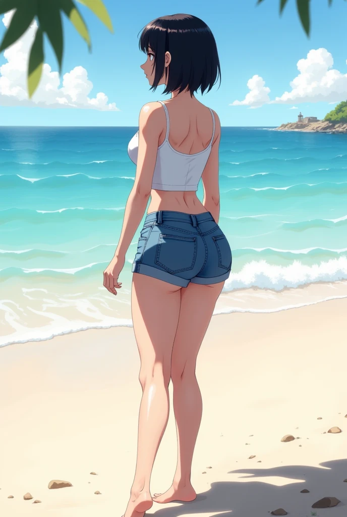 A anime illustration of a woman wearing denim shorts, from behind, bare feet, crop top, short black bob hair, round ass, in the beach, round ass