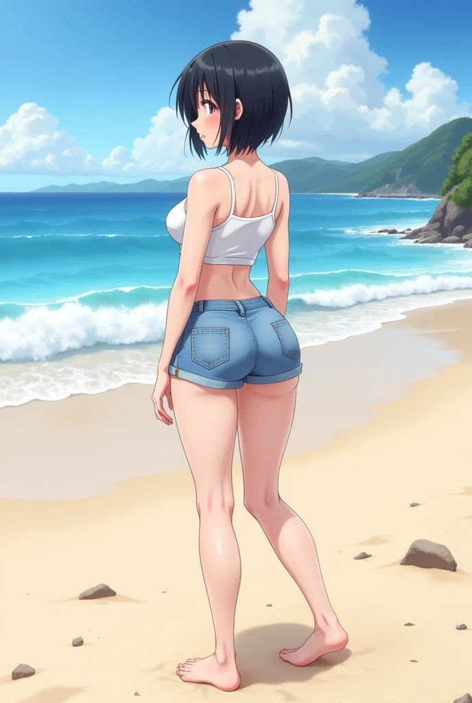 A anime illustration of a woman wearing denim shorts, from behind, bare feet, crop top, short black bob hair, round ass, in the beach, round ass