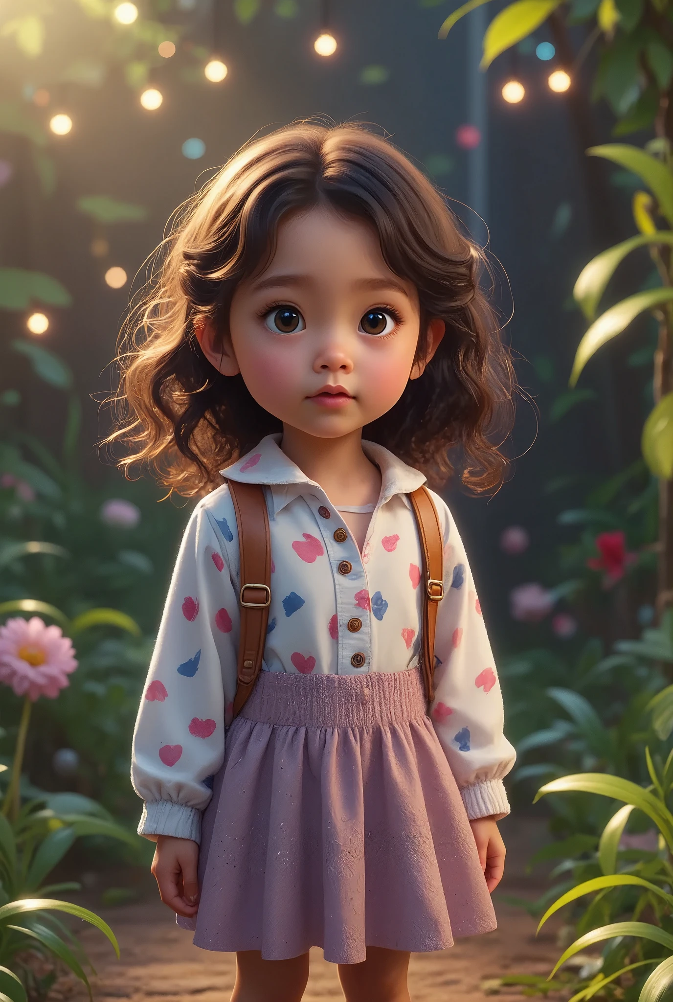 A whimsical disney pixar style girl, beautiful detailed eyes, beautiful detailed lips, extremely detailed face and features, long eyelashes, wearing a colorful dress, standing in a vibrant fantasy landscape, magical glowing fireflies, lush green foliage, warm diffused lighting, cinematic composition, highly detailed, photorealistic, 8k, masterpiece, vibrant colors, soft pastel palette, disney pixar style