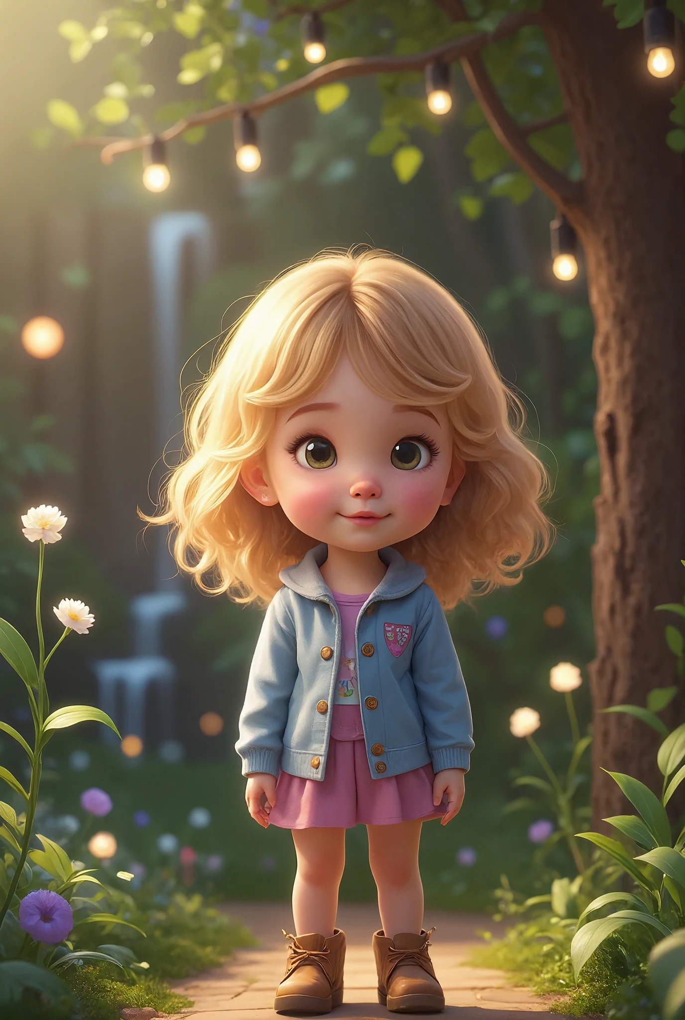 A whimsical disney pixar style girl, beautiful detailed eyes, beautiful detailed lips, extremely detailed face and features, long eyelashes, wearing a colorful dress, standing in a vibrant fantasy landscape, magical glowing fireflies, lush green foliage, warm diffused lighting, cinematic composition, highly detailed, photorealistic, 8k, masterpiece, vibrant colors, soft pastel palette, disney pixar style