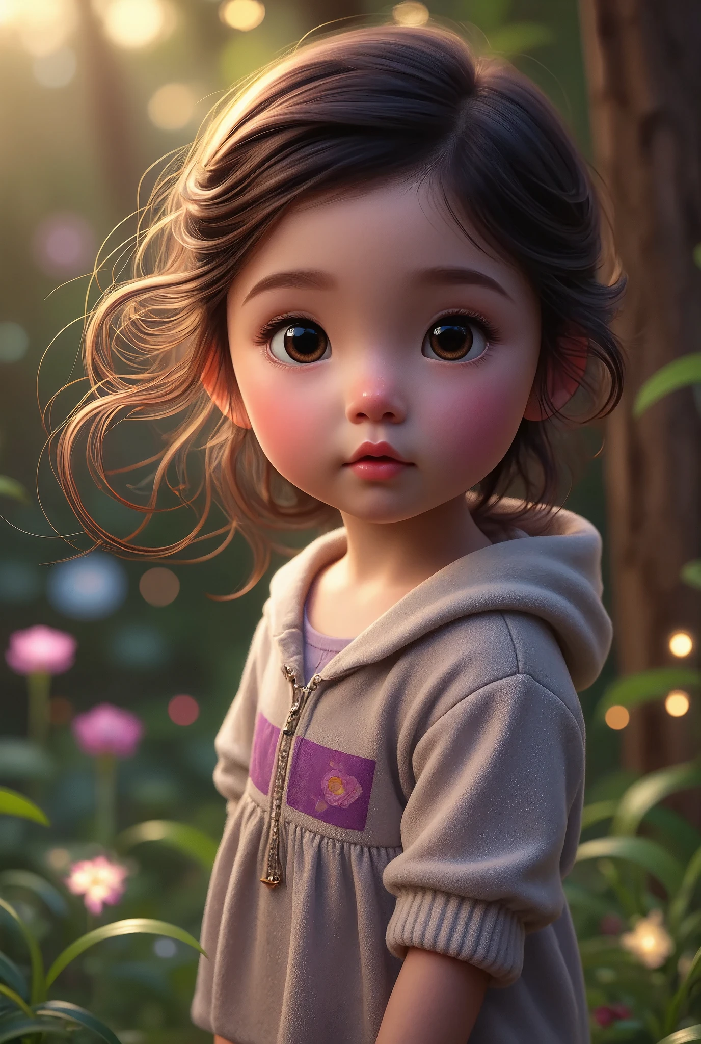 A whimsical disney pixar style girl, beautiful detailed eyes, beautiful detailed lips, extremely detailed face and features, long eyelashes, wearing a colorful dress, standing in a vibrant fantasy landscape, magical glowing fireflies, lush green foliage, warm diffused lighting, cinematic composition, highly detailed, photorealistic, 8k, masterpiece, vibrant colors, soft pastel palette, disney pixar style