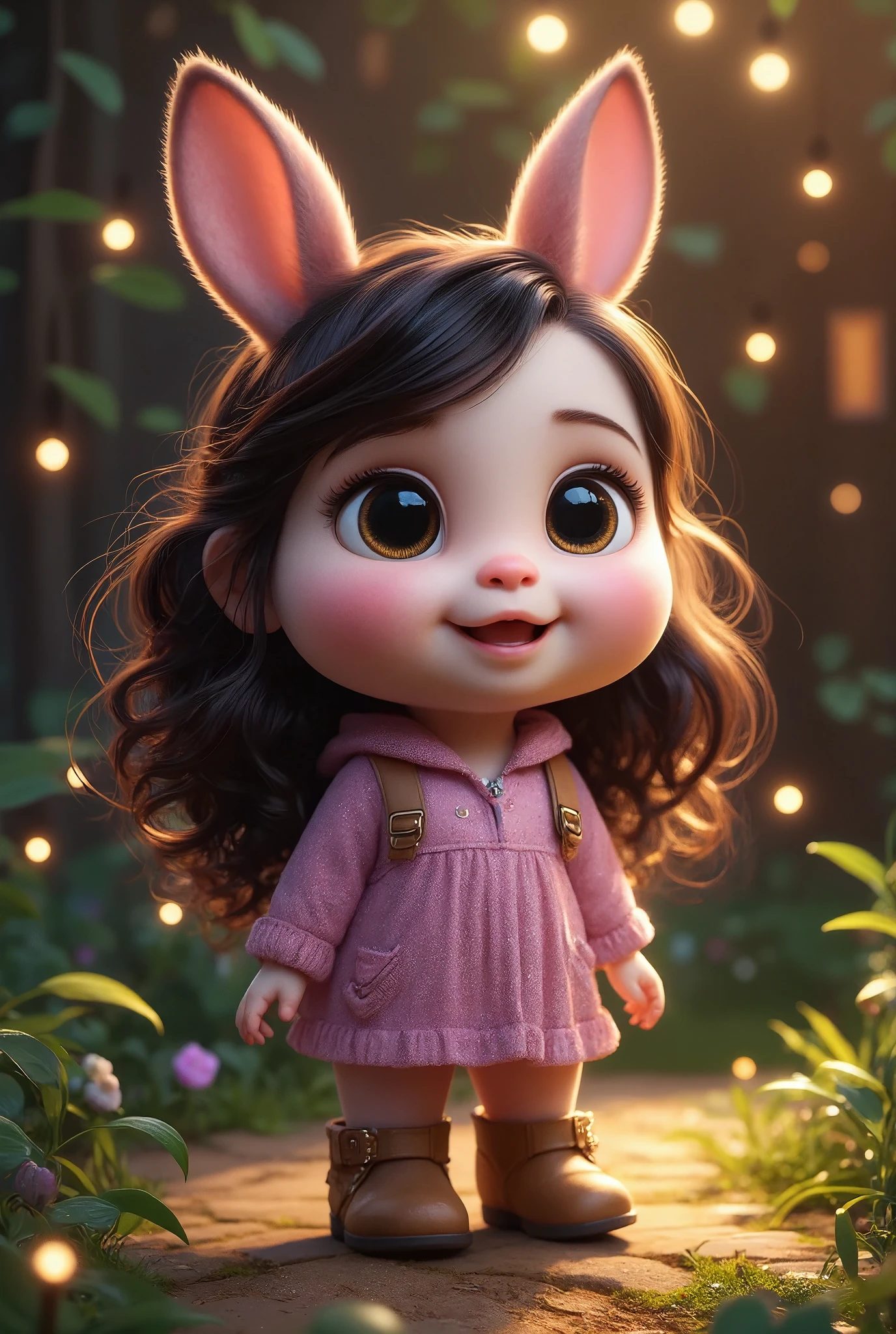 A whimsical disney pixar style girl, beautiful detailed eyes, beautiful detailed lips, extremely detailed face and features, long eyelashes, wearing a colorful dress, standing in a vibrant fantasy landscape, magical glowing fireflies, lush green foliage, warm diffused lighting, cinematic composition, highly detailed, photorealistic, 8k, masterpiece, vibrant colors, soft pastel palette, disney pixar style