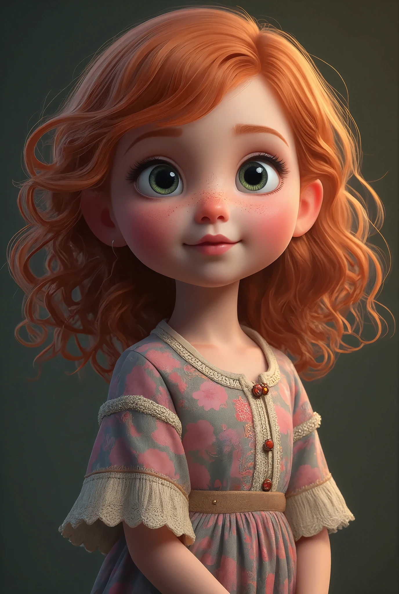 (best quality,4k,8k,highres,masterpiece:1.2),ultra-detailed,(realistic,photorealistic,photo-realistic:1.37),disney pixar style,cinematic lighting,highly detailed face,beautiful detailed eyes,beautiful detailed lips,extremely detailed eyes and face,longeyelashes,1girl,adventurous expression,brave character,red hair,green eyes,freckles,lace dress,medieval fantasy setting,forest background,glowing magical aura, disney pixar style