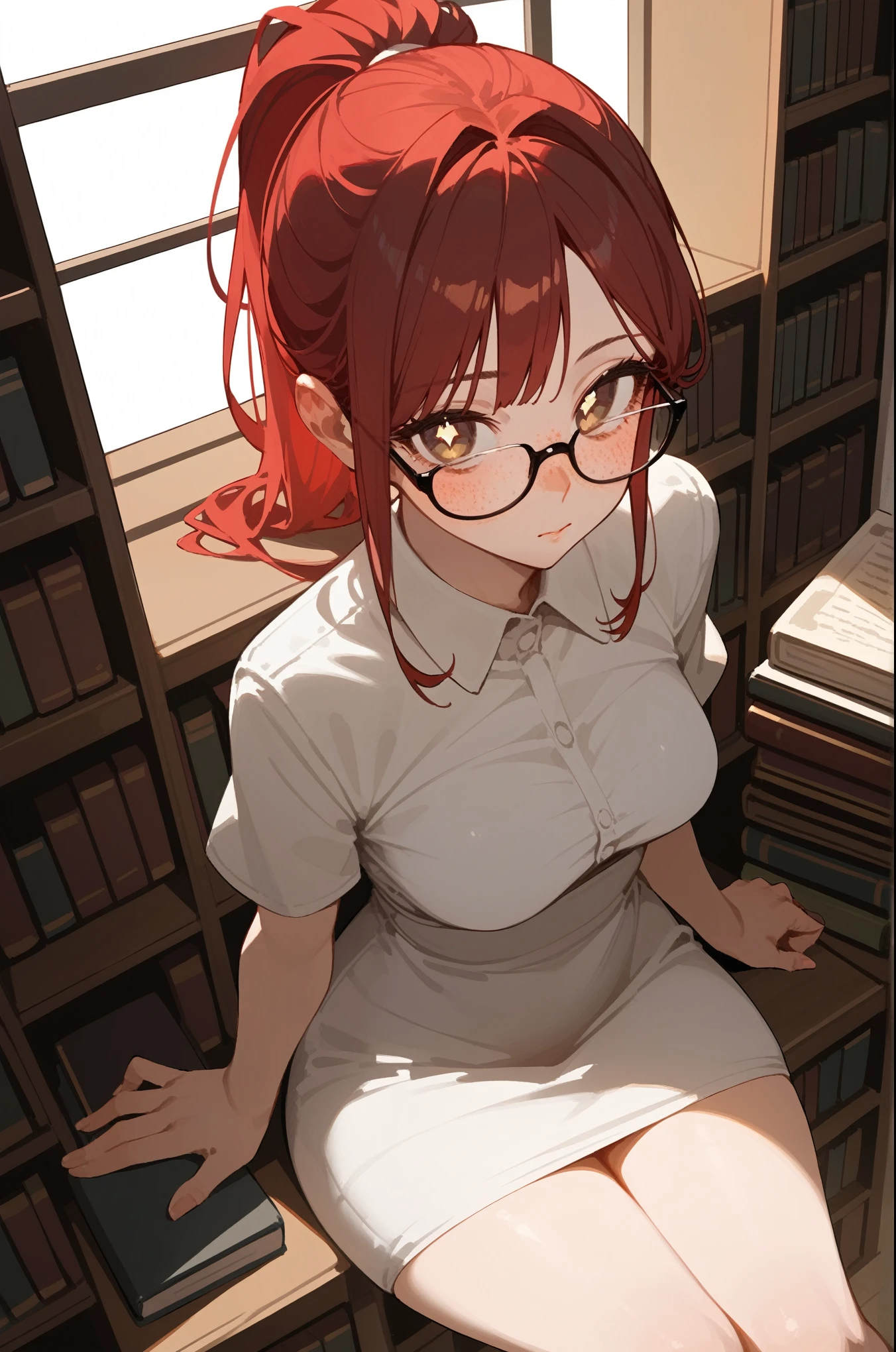 (score_9, score_8_up, score_7_up), (anime), from above, petite, 1girl, petite, freckles, long red hair, ponytail, hazel eyes, gradient eyes, white pupils, glasses, calm expression, blush, medium breasts, wide hips, white dress, sitting, looking at viewer, holding a book, indoors, library, bookshelves, soft lighting, serene atmosphere, warm tones