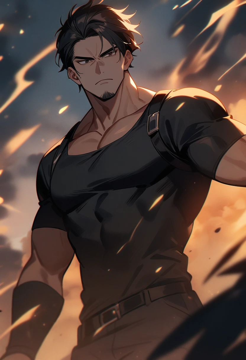 Kiritsugu is sitting and flexing his arms. He wears a black tshirt with short sleeves. His right sleeve is completely rolled up, so you can see his entire arm and shoulder. He wears black short boxershorts. You can see his thighs completely. He has a huge bulge. You can see his abs too. He is admiring his arms. he has big veins on his arms.