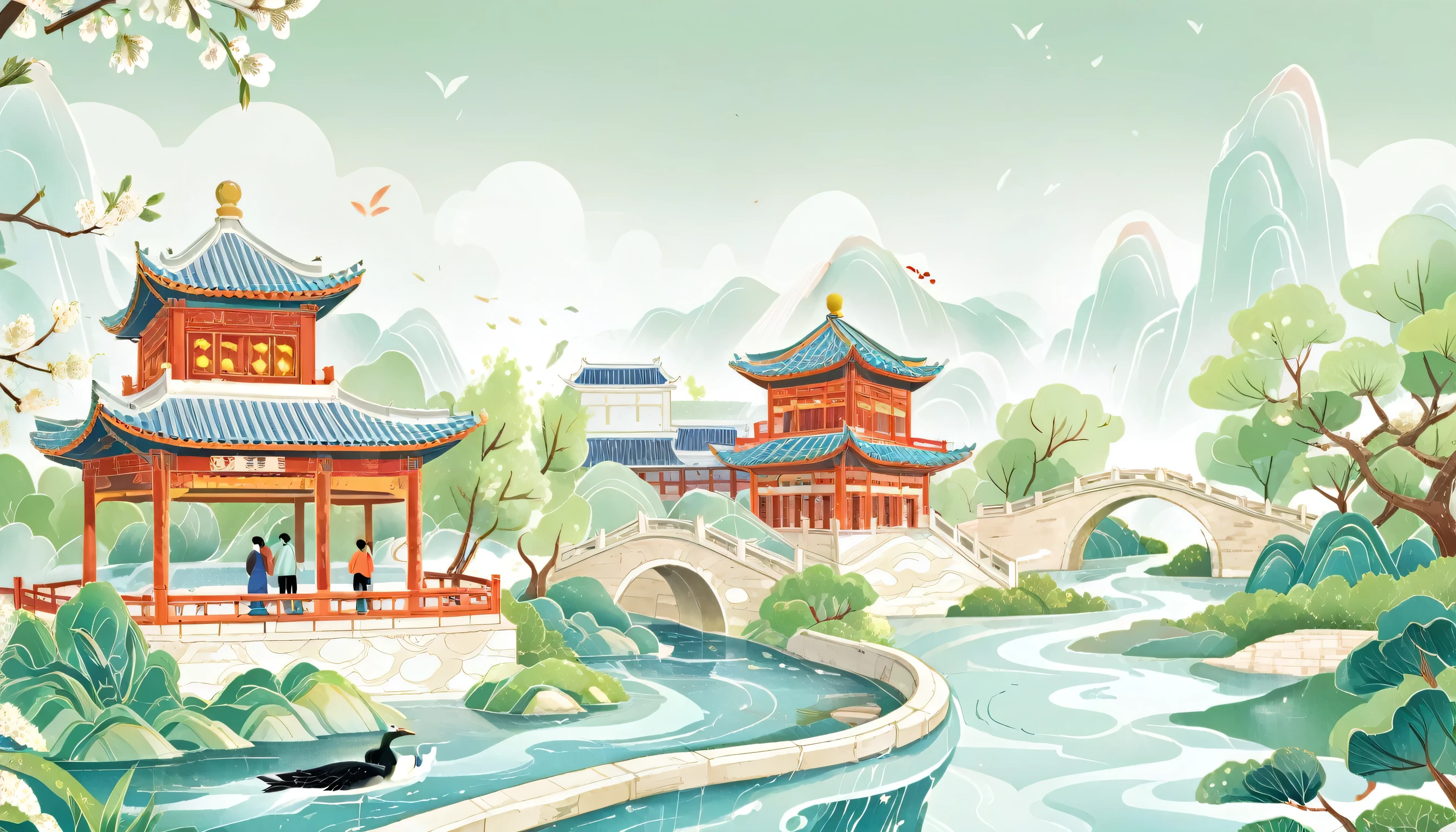 Mainly line illustrations，Simplicity，Beijing，China Pedestrian Street，Creek water，Beautiful Views，spring