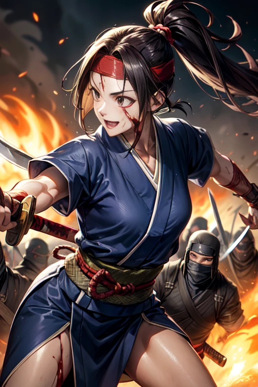 One Girl, warrior,Japanese sword,anime,Anatomically correct, A series of character actions, ninja,ponytail, masterpiece, Textured Skin, Action Painting, Surrounded by enemies,battle,Flaming Sword,Headband,A happy look,blood