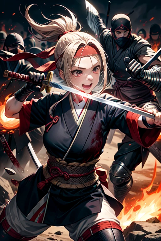 One Girl, warrior,Japanese sword,anime,Anatomically correct, A series of character actions, ninja,ponytail, masterpiece, Textured Skin, Action Painting, Surrounded by enemies,battle,Flaming Sword,Headband,A happy look,blood