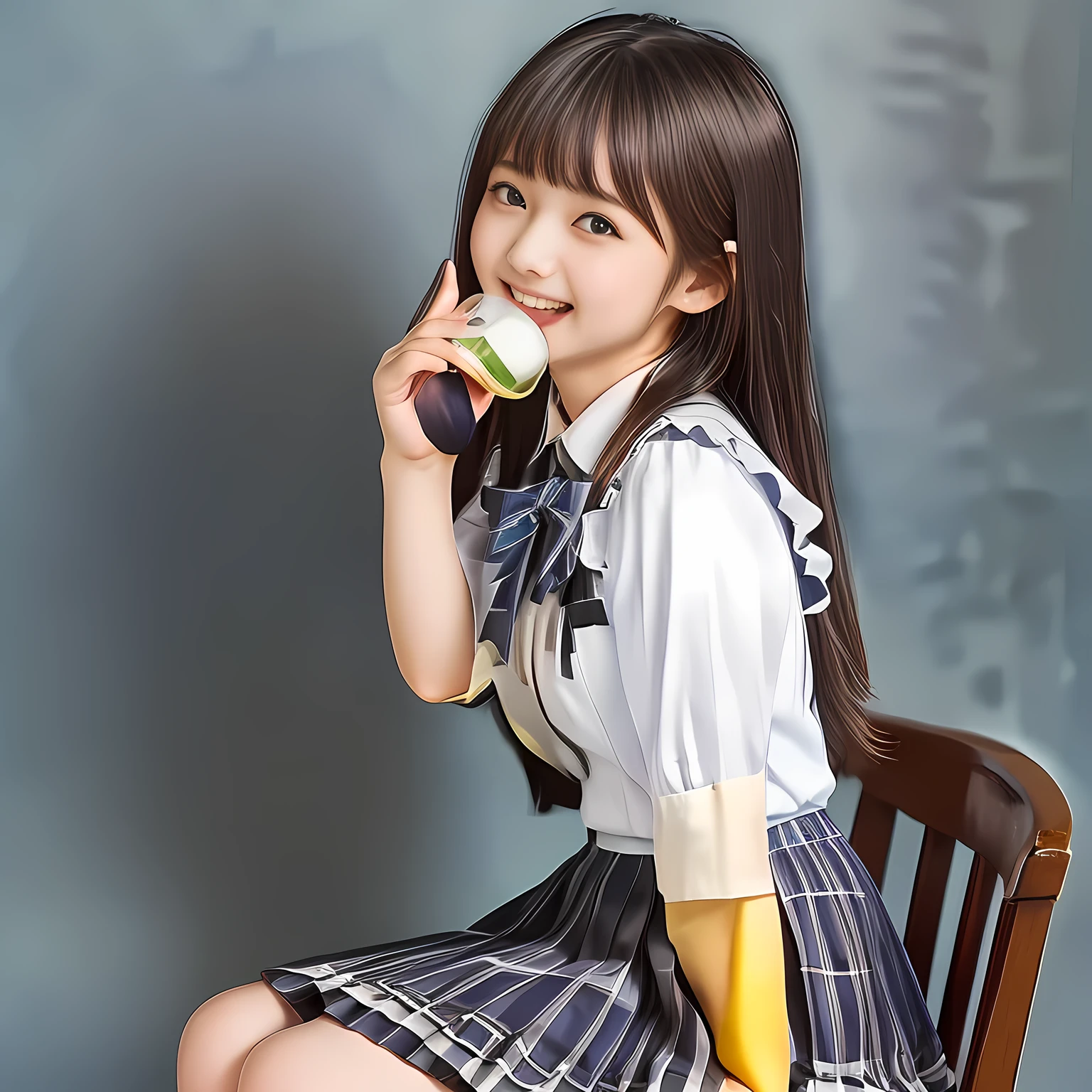 (Highest quality, masterpiece:1.2), Highest quality, High resolution, 1080P, 8k, height: 158cm, (A beautiful girls in a school uniform is sitting and praying, take the shot from their side: 2.0), (School-uniform beautiful **** girl models are smiling nobly in a young girls fashion magazine's page, promoting school uniform designed by Japanese school-wear maker: 1.8), (Well-grown rich breast and nice style: 1.8), (well arranged, balanced, untied, neat glossy wavy wavy super-long hair like hair model), (Double-deep-eyelids, completely balanced, brown large large dreaming Japanese graceful popular model's cute open eyes, with detailed beautifully: 1.8), (Very-glossy lustrous lips: 1.8), (very high nose: 1.4), (Rich and long bottom-eye-slashes: 1.2), (Drives me crazy for her navy-colored neat tartan plaid blue skirts and make me fall into her navy-colored plaid-print pleats skirt: 1.4), (Fine white-face: 1.6), (Noble girly feminine frilled frilled clean frilled white girly puffed-sleeves blouse: 1.6), (Navy pleated plaid skirt: 1.5), (Plain big frilled ribbon on the breast), (Girl whom everyone loves because of her beauty and neat school fashion and noble manner and magic-charm of succubus: 1.3), (full body shot), (evenly cut curled glossy rich beautiful bangs: 1.6), (bright light hitting her white-face and skirt clearly beautifully), white-shining skin, (She is kissing, licking, and drinking the air in front of her face, and grabbing it with her both beautiful hands and fingers like a prayer: 1.4), (All viewers will be captivated by her because her smile is too much cute), (Nothing but complete plain light blue background: 1.4)