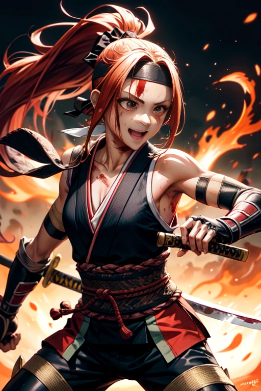 One Girl, warrior,Japanese sword,anime,Anatomically correct, A series of character actions, ninja,ponytail, masterpiece, Textured Skin, Action Painting, Surrounded by enemies,battle,Flaming Sword,Headband,A happy look,blood