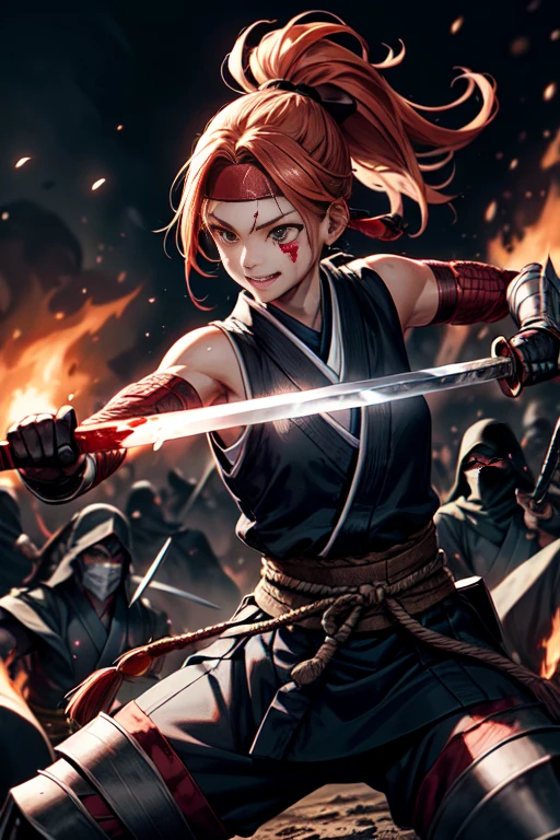 One Girl, warrior,Japanese sword,anime,Anatomically correct, A series of character actions, ninja,ponytail, masterpiece, Textured Skin, Action Painting, Surrounded by enemies,battle,Flaming Sword,Headband,A happy look,blood