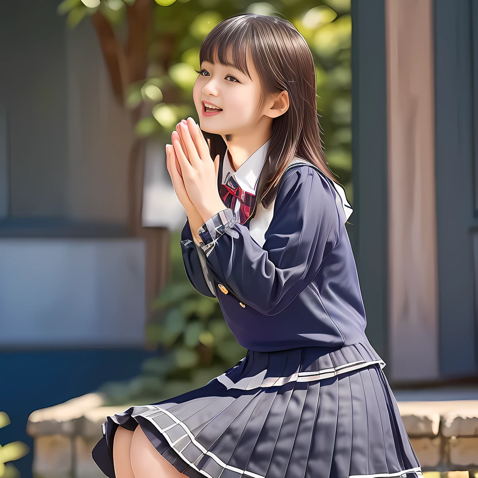 (Highest quality, masterpiece:1.2), Highest quality, High resolution, 1080P, 8k, height: 158cm, (A beautiful girls in a school uniform is sitting and praying, take the shot from their side: 2.0), (School-uniform beautiful 13yo girl models are smiling nobly in a young girls fashion magazine's page, promoting school uniform designed by Japanese school-wear maker: 1.8), (Well-grown rich breast and nice style: 1.8), (well arranged, balanced, untied, neat glossy wavy wavy super-long hair like hair model), (Double-deep-eyelids, completely balanced, brown large large dreaming Japanese graceful popular model's cute open eyes, with detailed beautifully: 1.8), (Very-glossy lustrous lips: 1.8), (very high nose: 1.4), (Rich and long bottom-eye-slashes: 1.2), (Drives me crazy for her navy-colored neat tartan plaid blue skirts and make me fall into her navy-colored plaid-print pleats skirt: 1.4), (Fine white-face: 1.6), (Noble girly feminine frilled frilled clean frilled white girly puffed-sleeves blouse: 1.6), (Navy pleated plaid skirt: 1.5), (Plain big frilled ribbon on the breast), (Girl whom everyone loves because of her beauty and neat school fashion and noble manner and magic-charm of succubus: 1.3), (full body shot), (evenly cut curled glossy rich beautiful bangs: 1.6), (bright light hitting her white-face and skirt clearly beautifully), white-shining skin, (She is kissing, licking, and drinking the transparent air in front of her face, and grabbing it with her both beautiful hands and fingers like a prayer: 1.4), (All viewers will be captivated by her because her smile is too much cute), (Nothing but complete plain light blue background: 1.4)