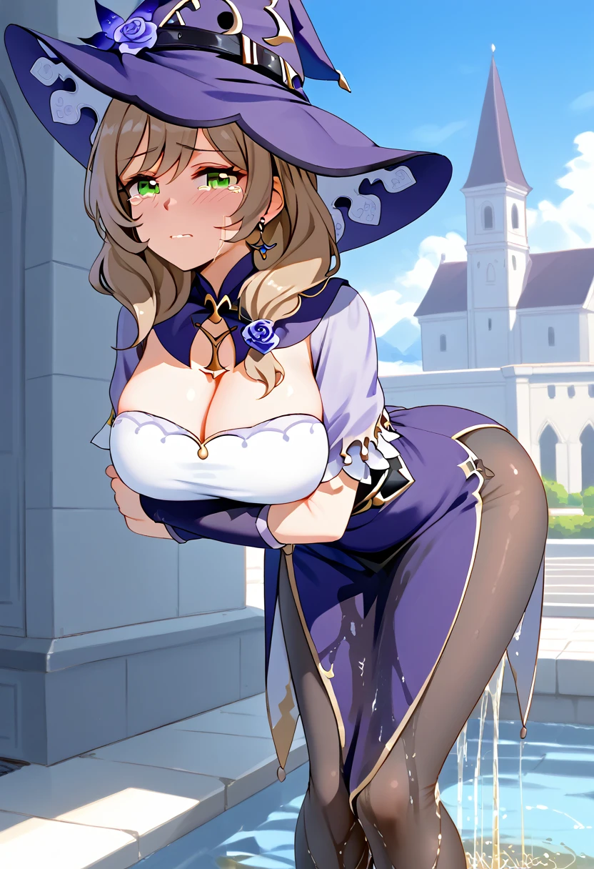 (\li sha\), 1girl, huge breasts, lisa \(genshin impact\), A detailed portrait of a young woman with beautiful green eyes, brown hair, and bangs, wearing a witch hat, dress, pantyhose, and purple headwear with earrings, (1girl, detailed eyes, extremely detailed face), beautiful detailed eyes, extremely detailed eyes and face, long eyelashes, brown hair, green eyes, witch hat, purple headwear, earrings, long hair, bangs, hair ornament, (wetting self:2.0), humiliation, blushing, angry, tears, standing, facing viewer, leaning forward, bent over, (arms crossed:1.5), outdoors, castle, town, (best quality, 4k, 8k, highres, masterpiece:1.2), ultra-detailed, HDR, UHD, studio lighting, ultra-fine painting, sharp focus, physically-based rendering, extreme detail description, professional, vivid colors, bokeh, portrait