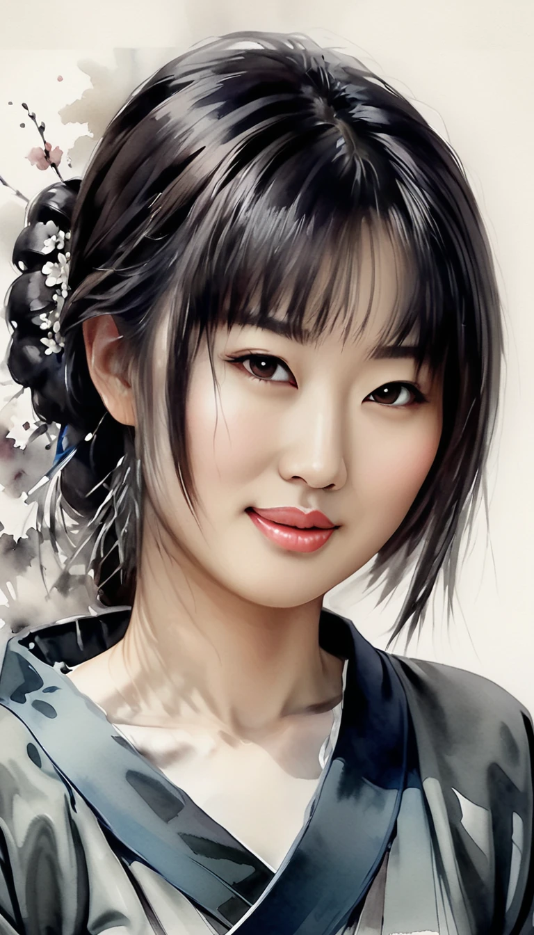 Elegant Japanese woman ，ink painting，Loose brushstrokes，Pen outlines delicate lines，Smooth movements，Subtle ink tones，elegant gesture，calm expression，Exquisite facial features，black and white，Clean,kodew