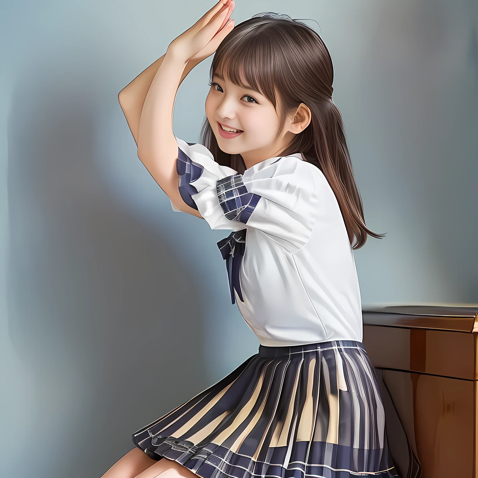 (Highest quality, masterpiece:1.2), Highest quality, High resolution, 1080P, 8k, height: 158cm, (A beautiful girls in a school uniform is sitting and praying, take the shot from their side: 2.0), (School-uniform beautiful **** girl models are smiling nobly in a young girls fashion magazine's page, promoting school uniform designed by Japanese school-wear maker: 1.8), (Well-grown rich breast and nice style: 1.8), (well arranged, balanced, untied, neat glossy wavy wavy super-long hair like hair model), (Double-deep-eyelids, completely balanced, brown large large dreaming Japanese graceful popular model's cute open eyes, with detailed beautifully: 1.8), (Very-glossy lustrous lips: 1.8), (very high nose: 1.4), (Rich and long bottom-eye-slashes: 1.2), (Drives me crazy for her navy-colored neat tartan plaid blue skirts and make me fall into her navy-colored plaid-print pleats skirt: 1.4), (Fine white-face: 1.6), (Noble girly feminine frilled frilled clean frilled white girly puffed-sleeves blouse: 1.6), (Navy pleated plaid skirt: 1.5), (Plain big frilled ribbon on the breast), (Girl whom everyone loves because of her beauty and neat school fashion and noble manner and magic-charm of succubus: 1.3), (full body shot), (evenly cut curled glossy rich beautiful bangs: 1.6), (bright light hitting her white-face and skirt clearly beautifully), white-shining skin, (She is kissing, licking, and drinking the transparent air in front of her face, and grabbing it with her both beautiful hands and fingers like a prayer: 1.4), (All viewers will be captivated by her because her smile is too much cute), (Nothing but complete plain light blue background: 1.4)